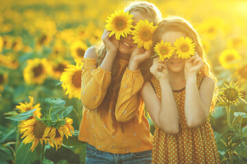 Girlfriends of the girl laugh and play sunflower. Baby girl in sunflowers. High quality photo. - 420698193