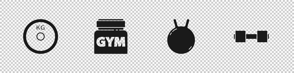 Set Weight plate, Sports nutrition, Kettlebell and Dumbbell icon. Vector