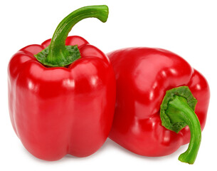 two red sweet bell peppers isolated on white background. clipping path