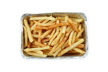 Foil container with fried potato isolated on white background