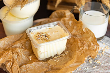 Cheese, cottage cheese, milk, sour cream. Dairy products. Dairy products. Advertising of products. Healthy eating.