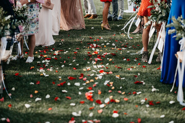 Aisle full of rose petals and wedding guests