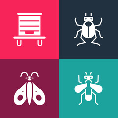 Set pop art Insect fly, Butterfly, Beetle bug and Hive for bees icon. Vector