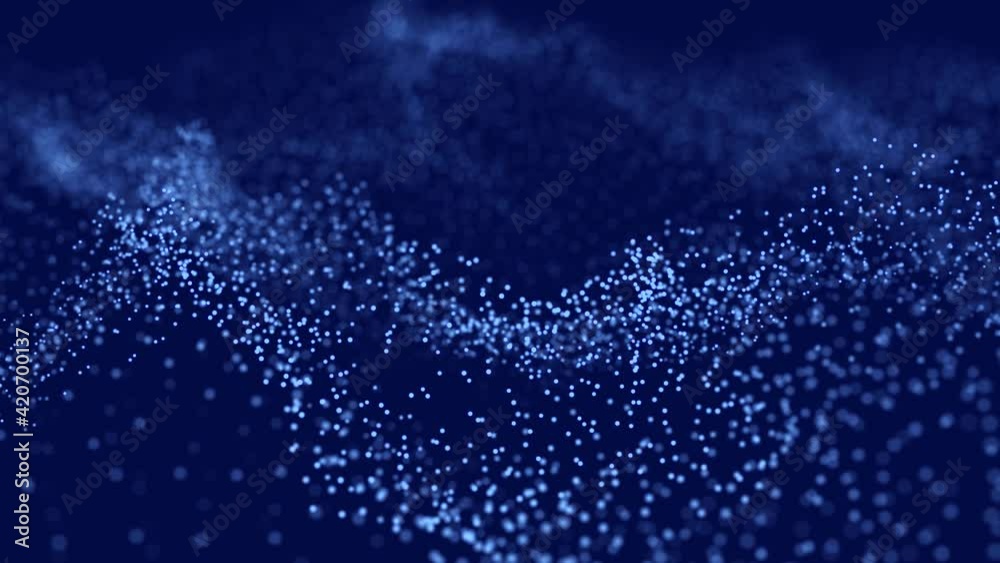 Poster Dynamic wave of glowing particles. Digital technology background. 3d rendering. Seamless loop. 4k