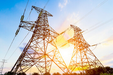 High voltage tower at dusk