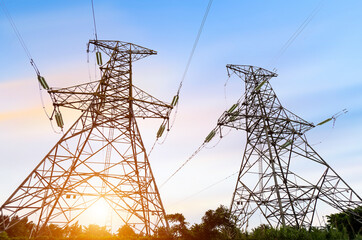 High voltage tower at dusk