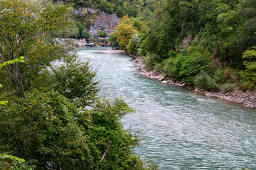 Beautiful view of narrow mountain river in summer