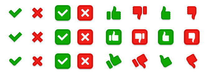 Thumb up and thumb down. Flat icons like and dislike. Yes and no.  Green tick and red cross. Right or wrong. True or false. Isolated vector elements with shadows.