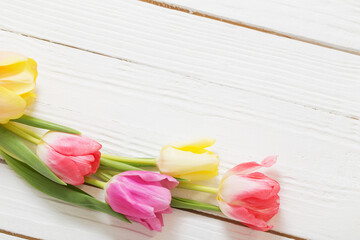 beautiful tulips on white wooden background