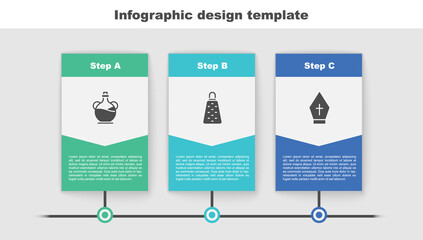 Set Bottle of olive oil, Grater and Pope hat. Business infographic template. Vector