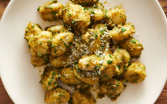 Closeup of Gnocchi with Pesto on a Plate