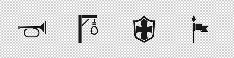 Set Trumpet, Gallows, Shield and Medieval spear icon. Vector