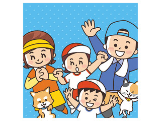 家族でスポーツ　運動着を着た親子とペット