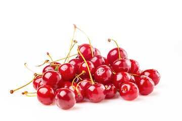 Obraz na płótnie Canvas A bunch of ripe red cherries on a white background.