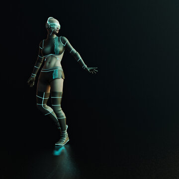 Futuristic woman with glowing implants and sports outfit
