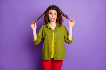 Photo of young unhappy upset woman grimacing dislike oily dry hair look copyspace isolated on...