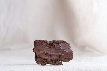 natural background for eco products. Linen, bark tree, green and dry plant, podium