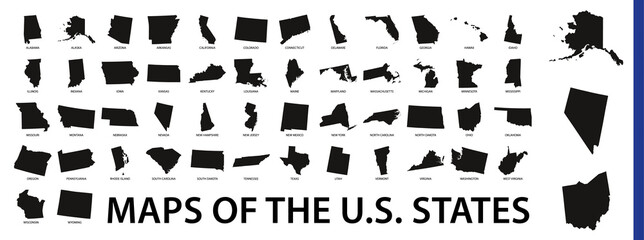 Collection of outline shape of US states map in black.