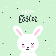 Happy easter greeting card with lettering and kawaii bunny. 