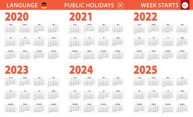 2020-2025 year calendar in German language, week starts from Sunday.