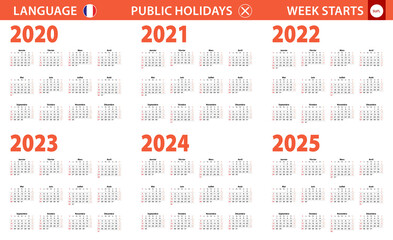 2020-2025 year calendar in French language, week starts from Sunday.