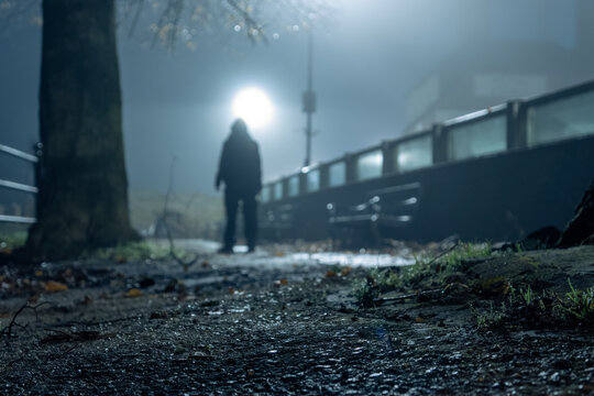 A Low Angle, Shallow Depth Of Field, Shot Of A Path With A Hooded Figure