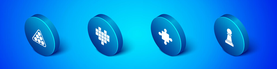 Set Isometric Billiard balls in triangle, Puzzle pieces toy, Chess and Pixel hearts for game icon. Vector