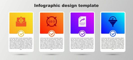Set Mail and e-mail, SEO optimization, Document with graph chart and Lead management. Business infographic template. Vector