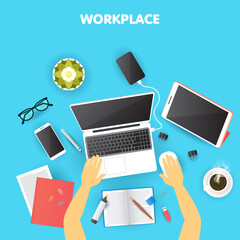 Workplace for Business, Management, Top View of Hands Working with Laptop, Mouse, Digital Pen, Tablet, Smartphone, Clips, External Drive, Wire, Notebook, Pencil, Marker, Coffee, Glasses and Pottery