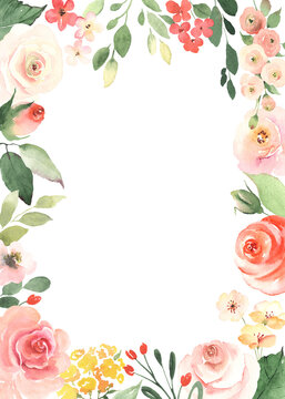 Delicate floral frame with blush roses, green leaves and small flowers. Isolated watercolor illustration on white background for your text, invitation, greeting card, message, date or cover, banner.