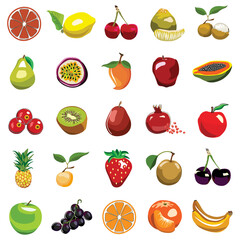 Set of multi-color different kind of fruits flat style icons. 100% version illustration cartoons, isolated on white. 