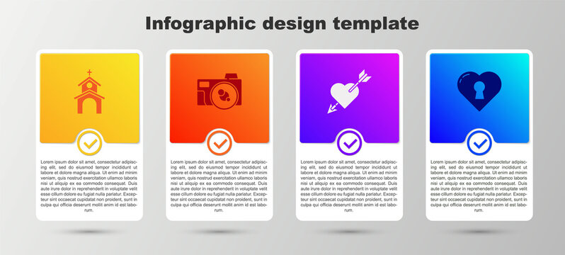 Set Church building, Photo camera, Amour with heart and arrow and Heart keyhole. Business infographic template. Vector
