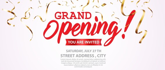 Grand opening card design with gold and red ribbon with confetti