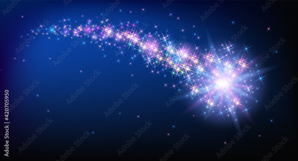Wall mural flying sparkling comet with curved glowing dust tail in the starry night sky. star dust trail with s