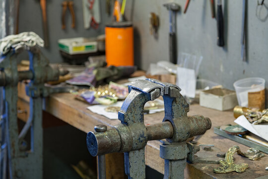 workbench with tools for metalwork