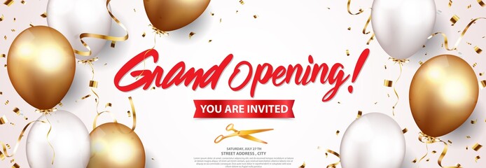 Grand opening card design with gold and red ribbon with confetti - obrazy, fototapety, plakaty