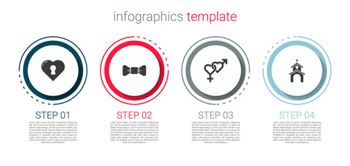 Set Heart with keyhole, Bow tie, Gender and Church building. Business infographic template. Vector