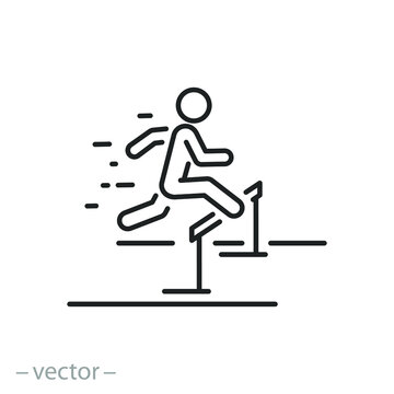 hurdle jump icon, athlete jumping over barrier, runner with obstacle, hurdler challenge skill, motivation way concept, thin line symbol on white background - editable stroke vector eps10