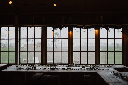 Table decorated for Christmas with pine leaves.