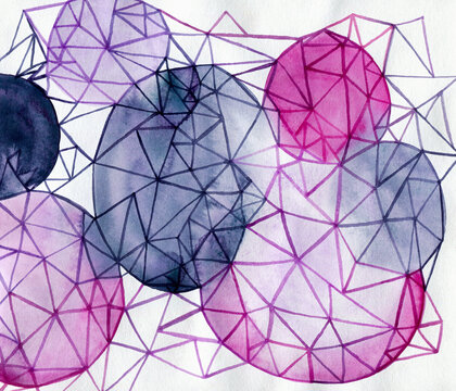 Purple and violet ovals and triangles watercolor art