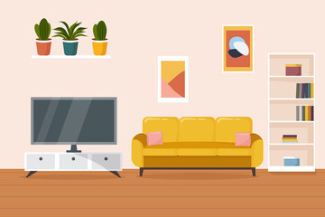 Living room interior. Comfortable yellow sofa, bookcase, TV and house plants. Flat style vector illustration.