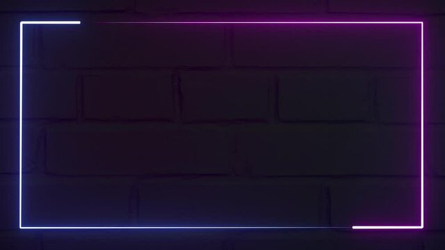 Abstract seamless looped animation of neon glowing frame on brick wall background