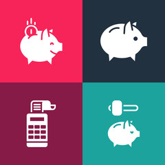 Set pop art Piggy bank and hammer, Cash register machine, and with coin icon. Vector