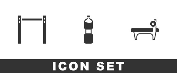 Set Horizontal bar, Bottle of water and Bench with barbel icon. Vector