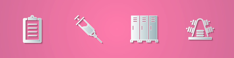 Set paper cut Sport training program, Doping syringe, Locker changing room and Metal rack with weights icon. Paper art style. Vector