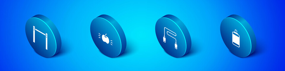 Set Isometric Horizontal bar, Jump rope, Punching bag and Apple icon. Vector