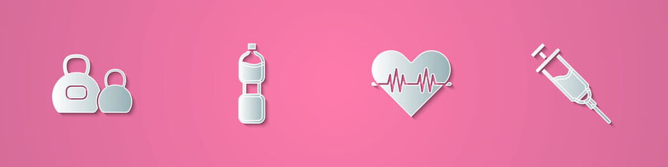 Set paper cut Kettlebell, Bottle of water, Heart rate and Doping syringe icon. Paper art style. Vector