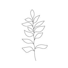 Leaves Branch Continuous One Line Drawing. Simple Leaves Black Line Sketch on White Background. Leaves Linear Illustration. Vector EPS 10.