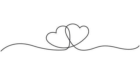 Two Hearts Continuous Line Drawing. Hearts Couple Trendy Minimalist Illustration. One Line Abstract Drawing. Love Minimalist Contour Art. Vector EPS 10.