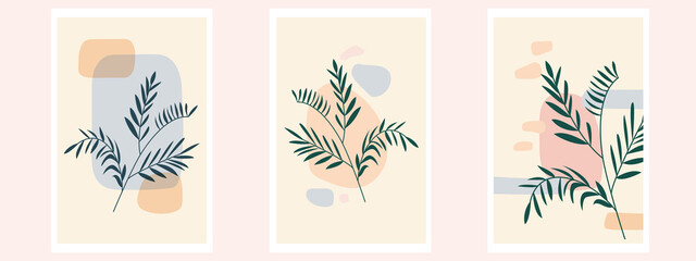 Botanical Wall Art Vector Poster Set. Minimalist Modern Foliage with Abstract Simple Shape.